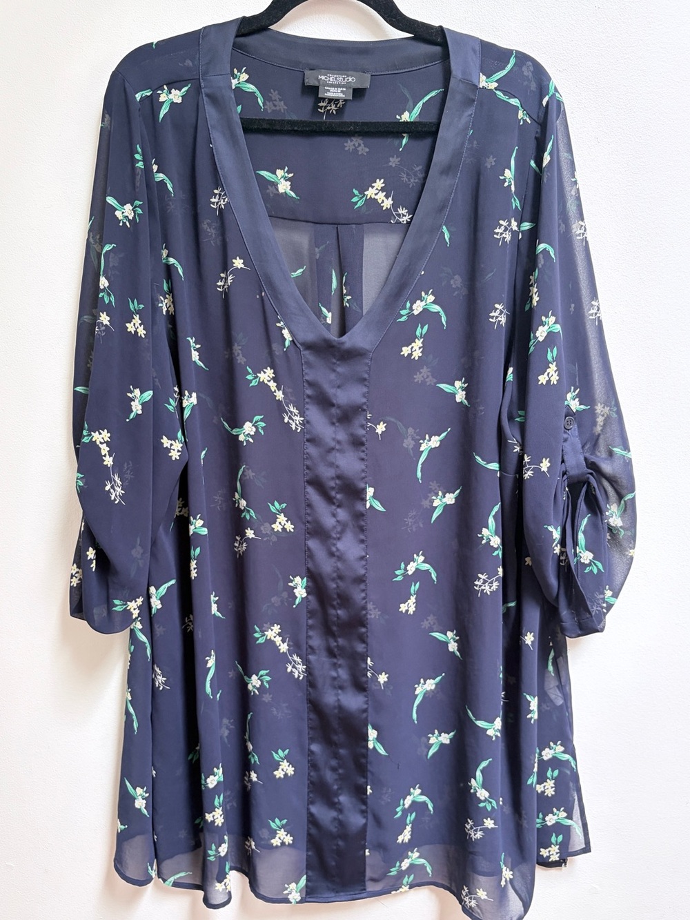 Michel Studio Collection Navy Floral V-Neck Sheer Long Blouse Sz 24